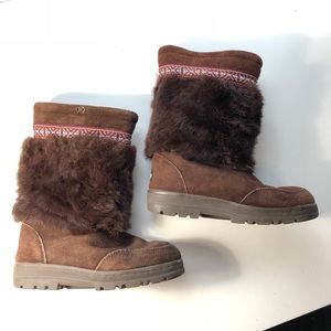 Brown Leather Boots with Rabbit Fur Trim